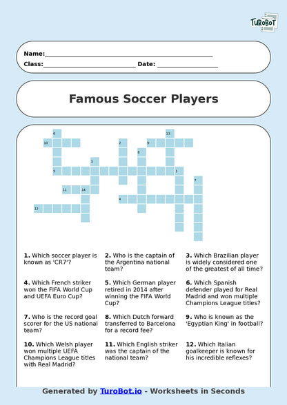 Year 5 General Knowledge Crossword Worksheet – Names of Famous Soccer Players