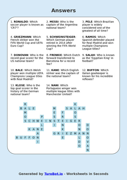 Year 5 General Knowledge Crossword Worksheet – Names of Famous Soccer Players