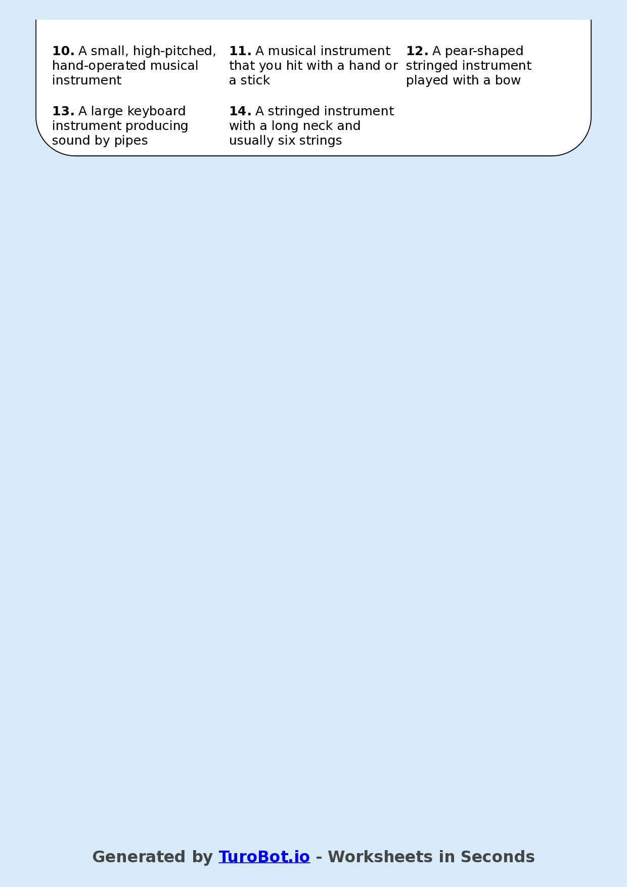 Year 5 General Knowledge Crossword Worksheet – Names of Musical Instruments