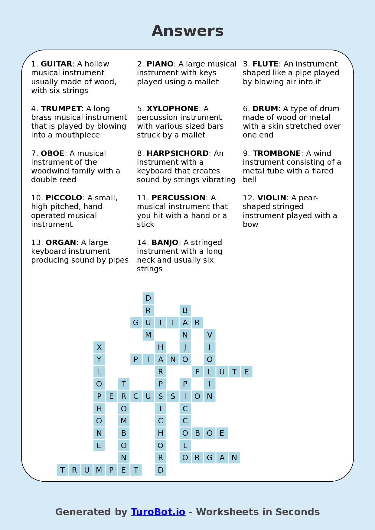 Year 5 General Knowledge Crossword Worksheet – Names of Musical Instruments