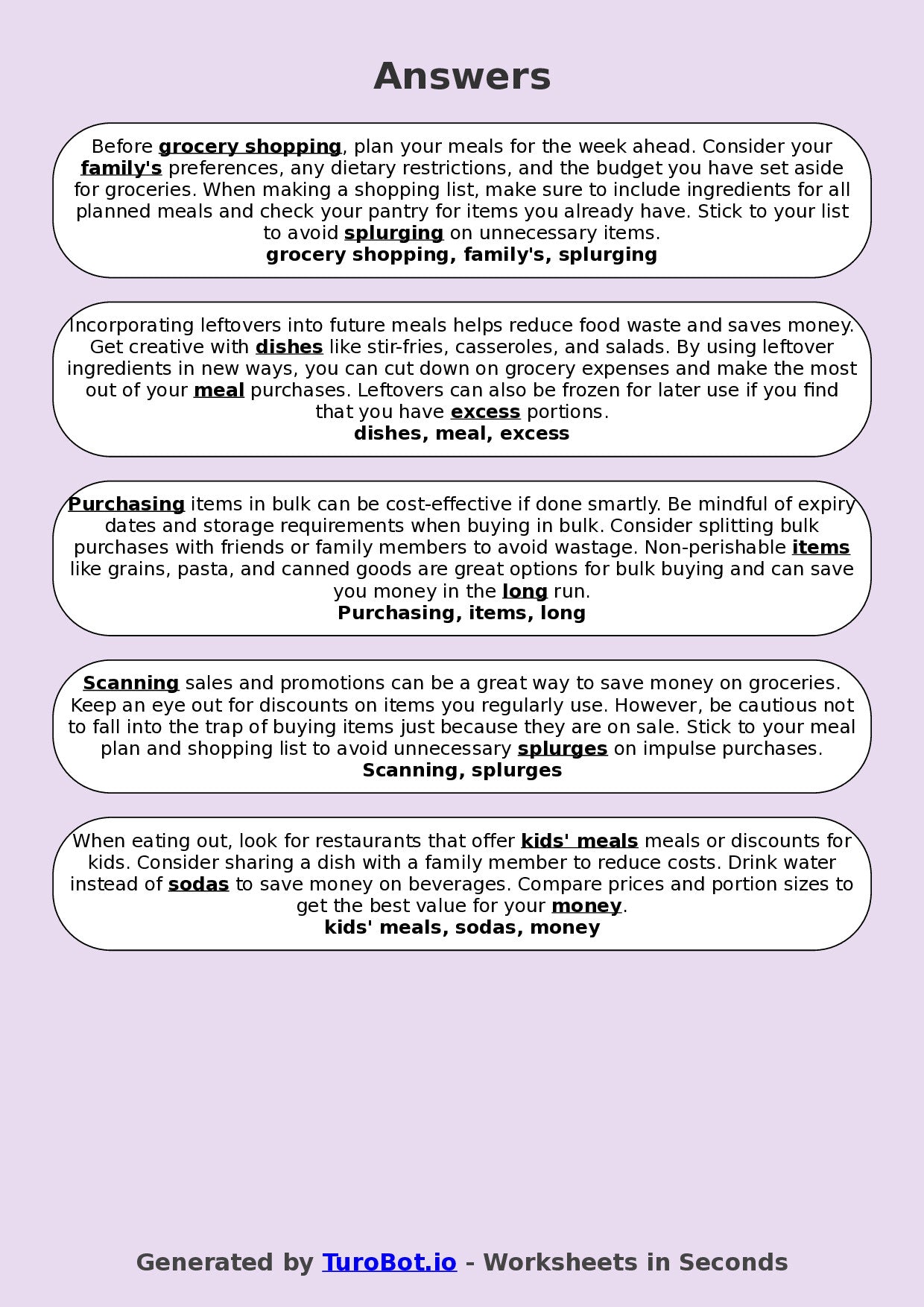 Year 5 General Knowledge Fill in the Blanks Worksheet – Meal Planning and Budgeting