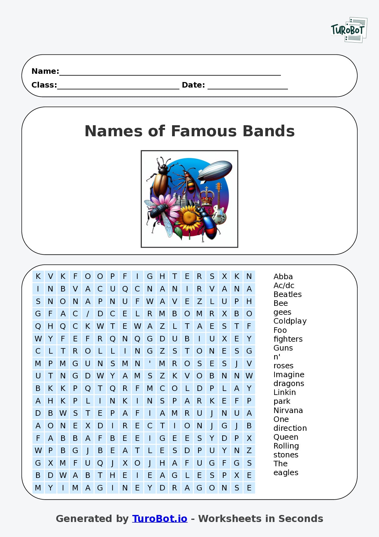 Year 5 General Knowledge Find a Word Worksheet – Names of Famous Bands