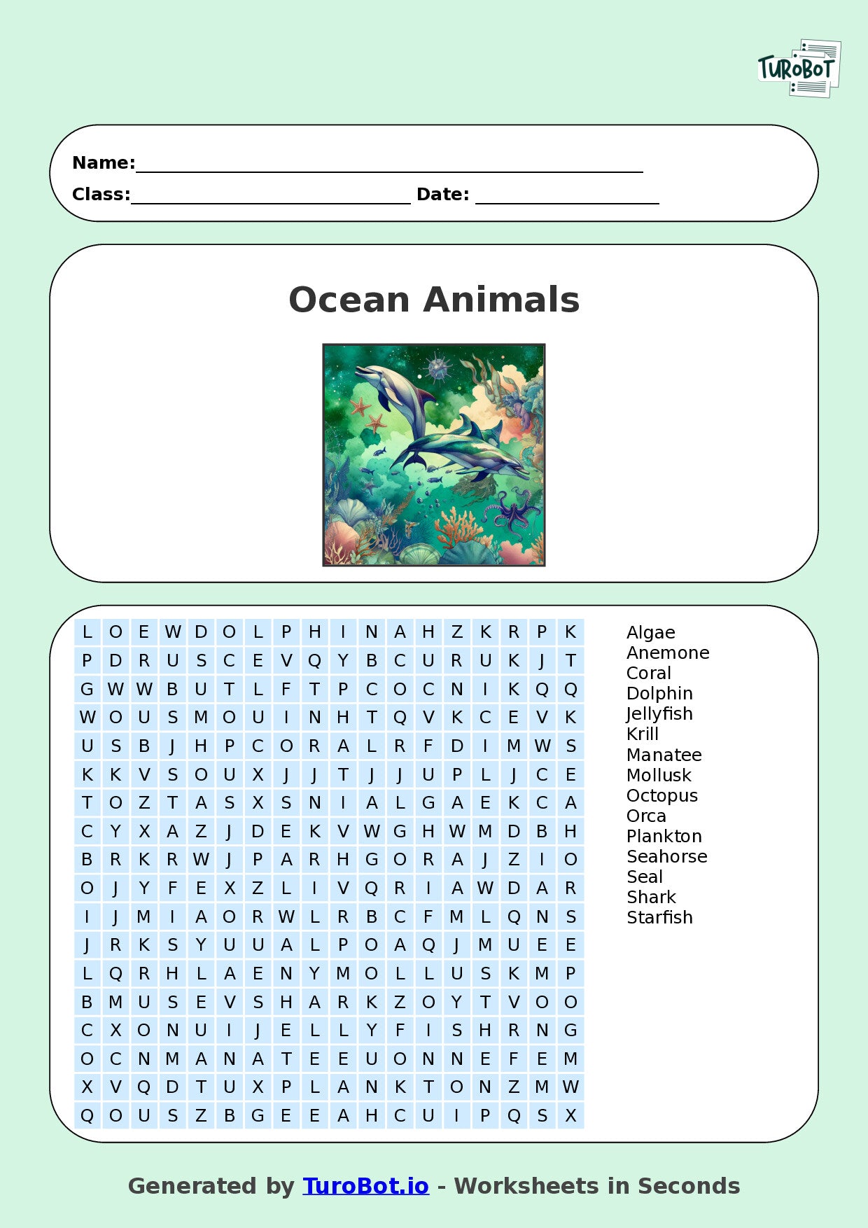 Year 5 General Knowledge Find a Word Worksheet – Ocean Animals