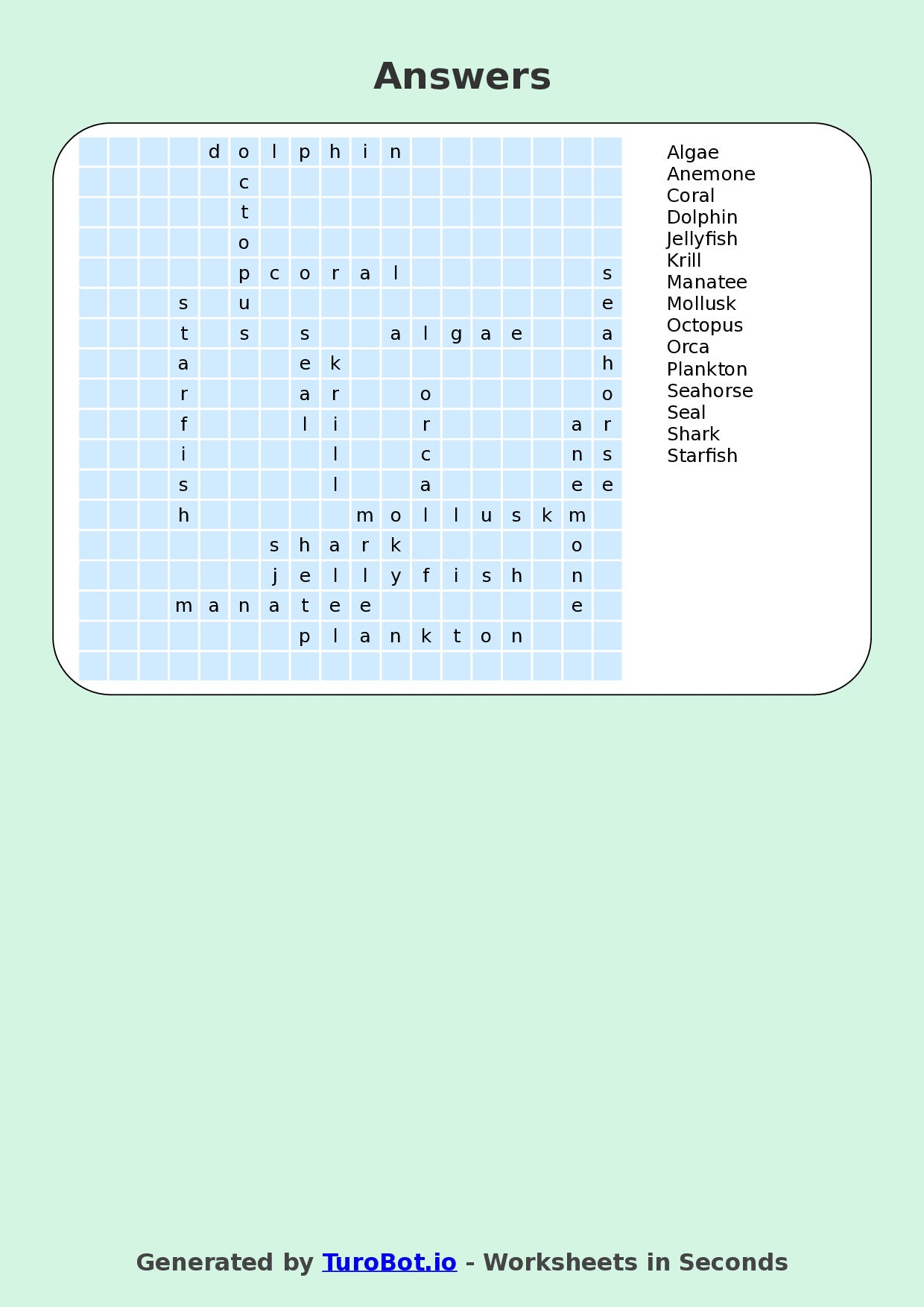 Year 5 General Knowledge Find a Word Worksheet – Ocean Animals