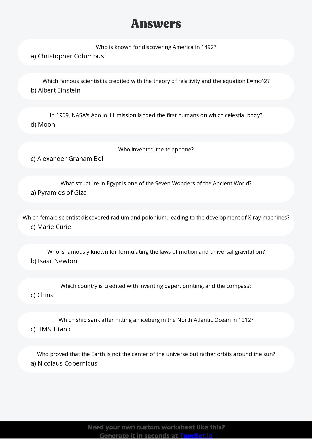 Free Worksheet - Year 5 General Knowledge Important World Discoveries Multiple Choice