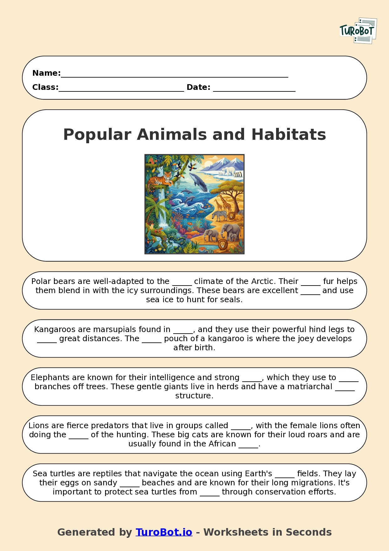 Year 6 General Knowledge Fill in the Blanks Worksheet – Popular Animals and Habitats