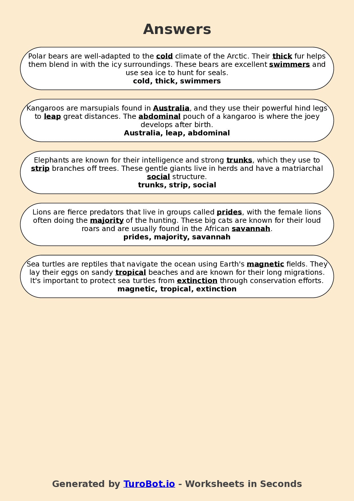 Year 6 General Knowledge Fill in the Blanks Worksheet – Popular Animals and Habitats