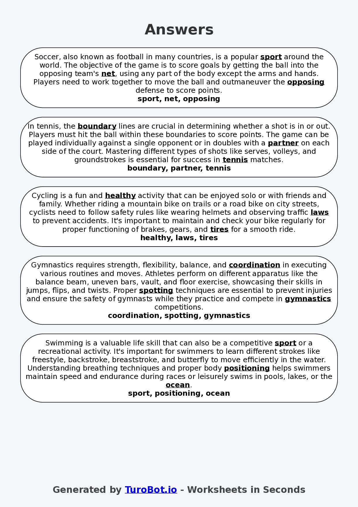 Year 6 General Knowledge Fill in the Blanks Worksheet – Sports and Activities
