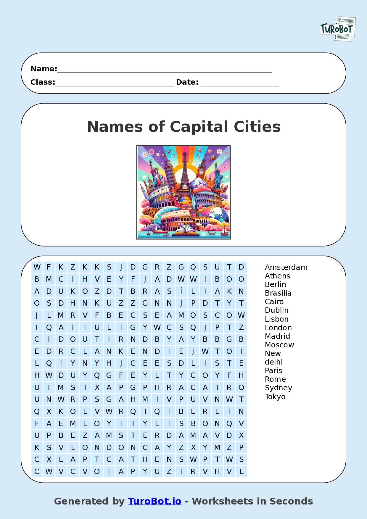 Year 6 General Knowledge Find a Word Worksheet – Names of Capital Cities
