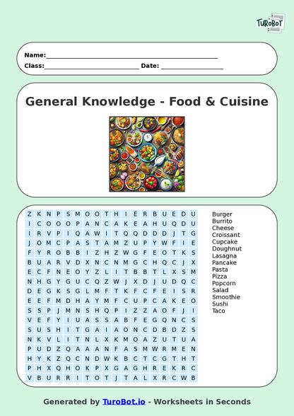 Year 6 General Knowledge Find a Word Worksheet – Names of Food & Cuisine