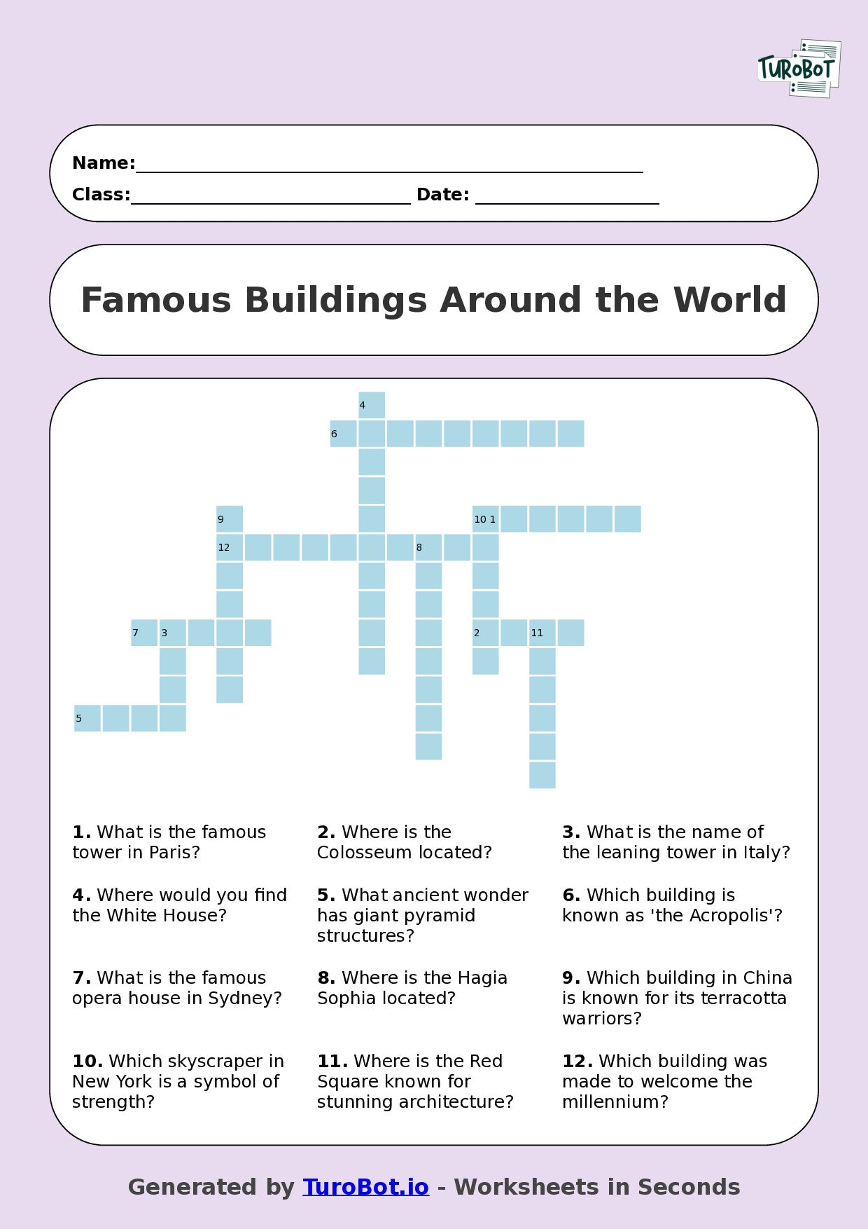 Year 7 General Knowledge Crossword Worksheet – Names of Famous Buildings Around the World