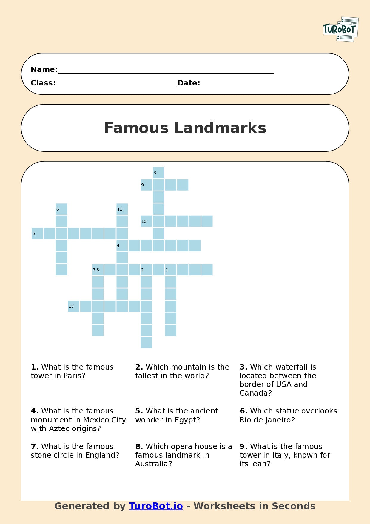 Year 7 General Knowledge Crossword Worksheet – Names of Famous Landmarks Around the World