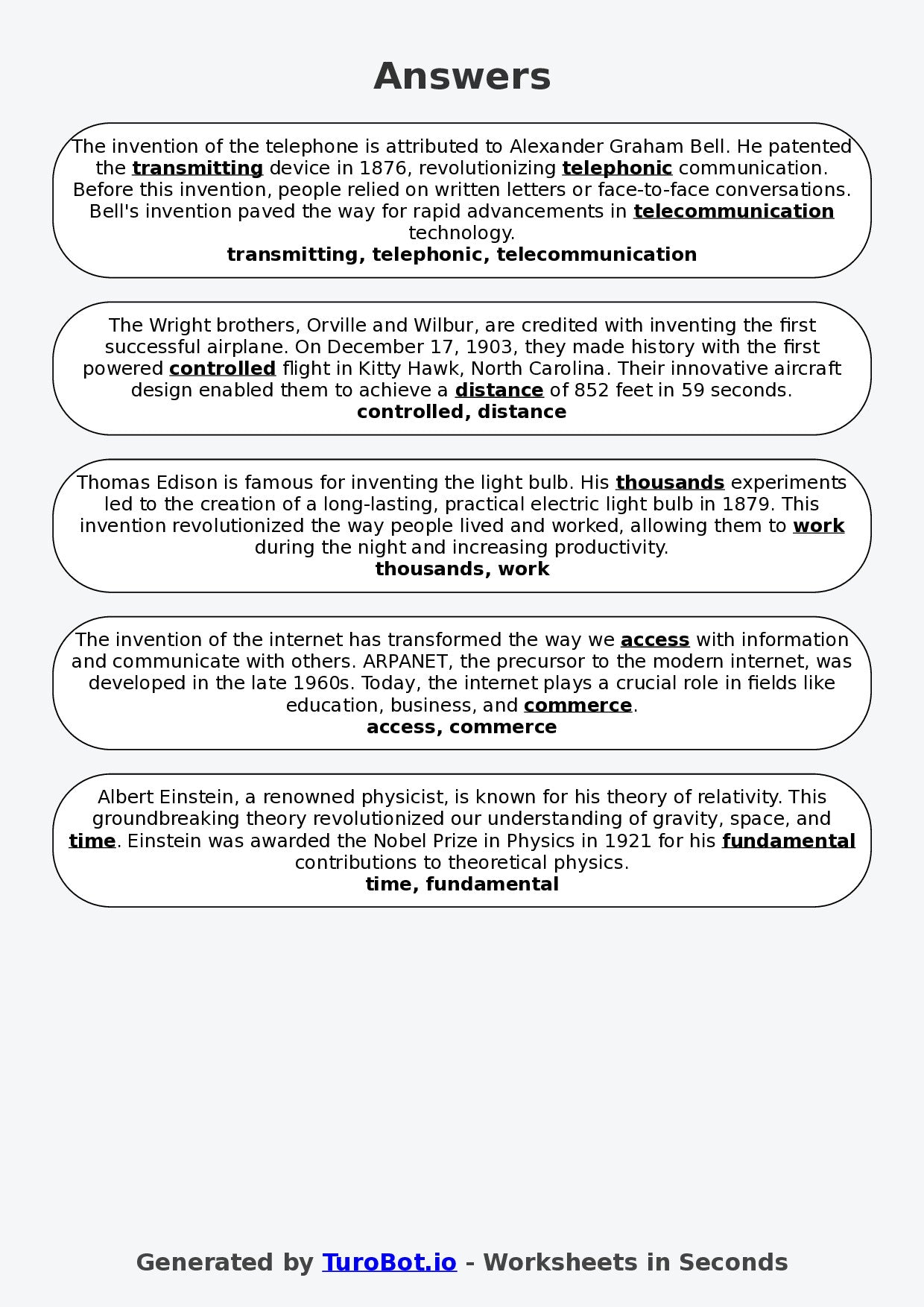 Year 7 General Knowledge Fill in the Blanks Worksheet – Inventions and Inventors