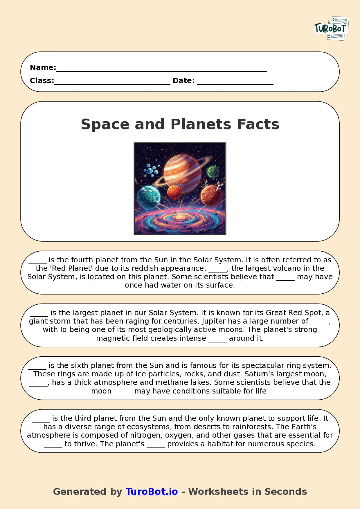 Year 7 General Knowledge Fill in the Blanks Worksheet – Space and Planets Facts