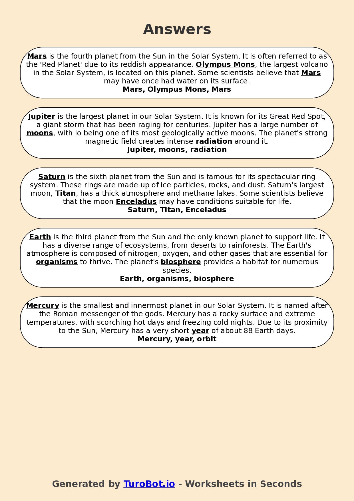 Year 7 General Knowledge Fill in the Blanks Worksheet – Space and Planets Facts