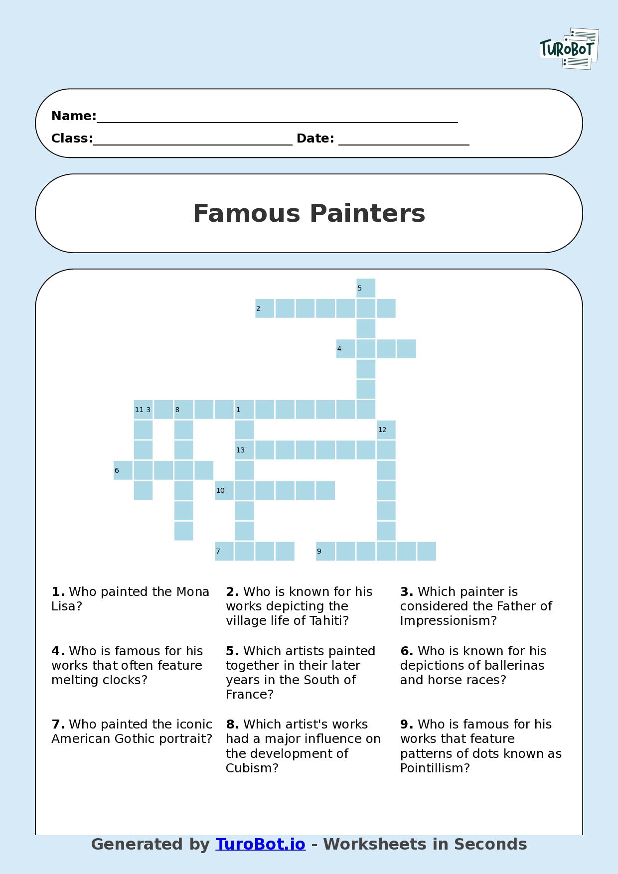 Year 8 General Knowledge Crossword Worksheet – Names of Famous Painters in History