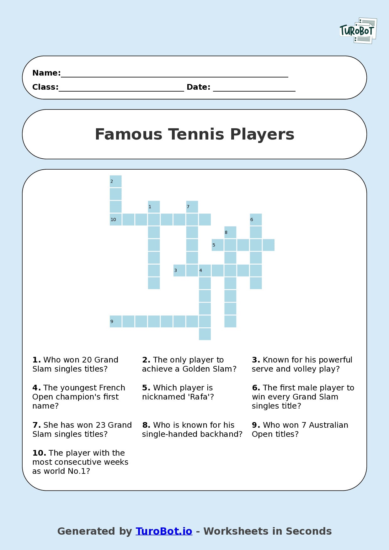 Year 8 General Knowledge Crossword Worksheet – Names of Famous Tennis Players