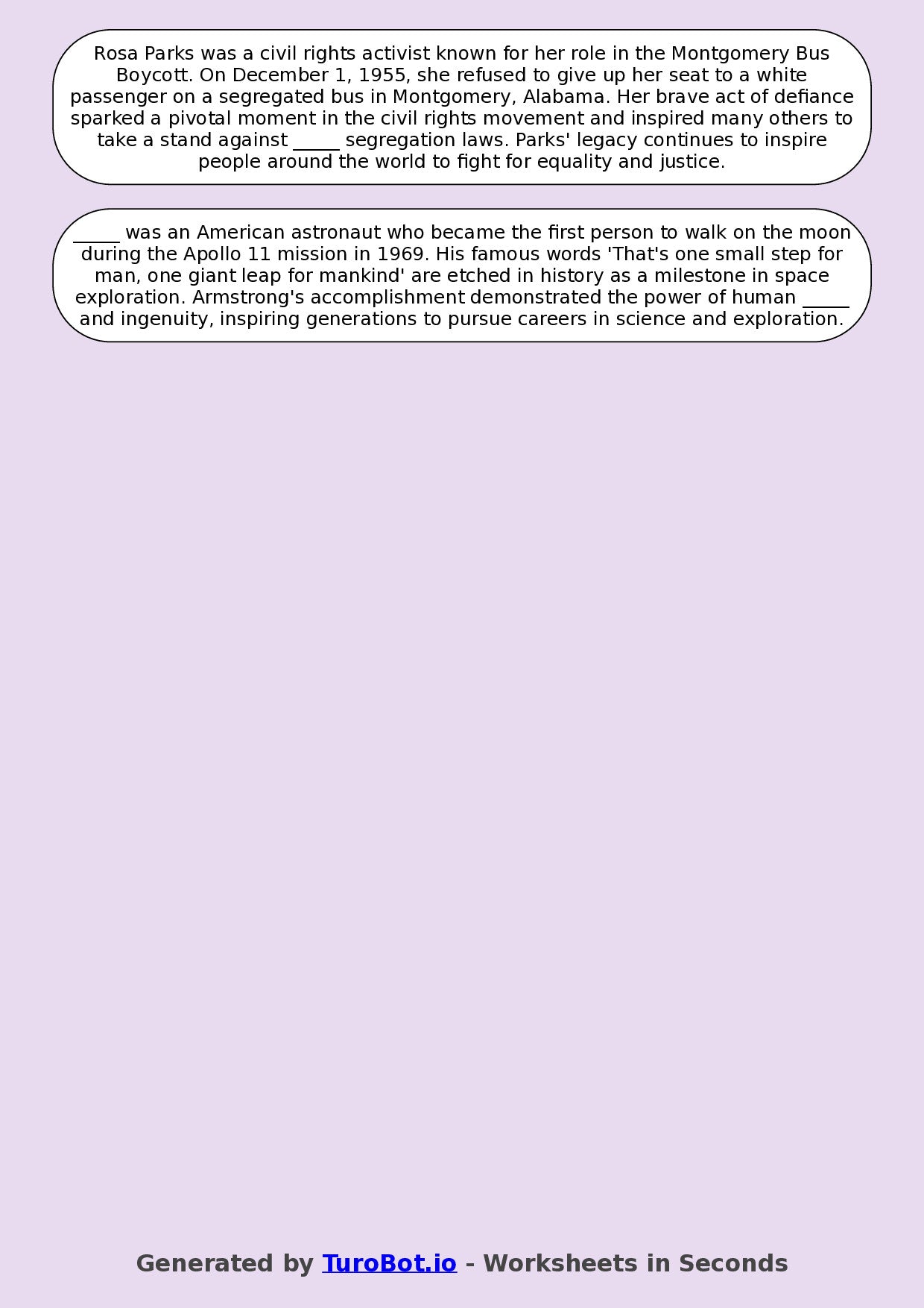 Year 8 General Knowledge Fill in the Blanks Worksheet – Famous People and Achievements