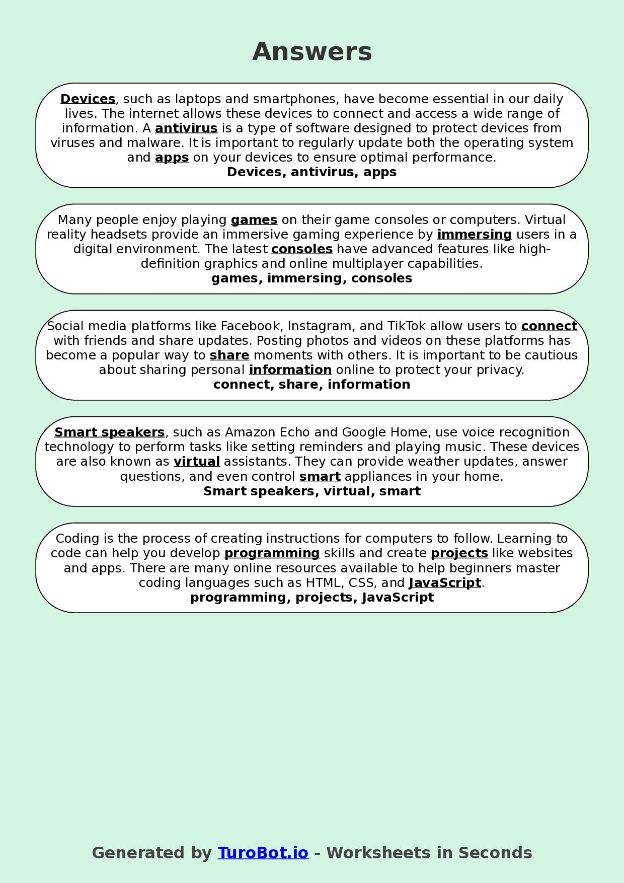 Year 8 General Knowledge Fill in the Blanks Worksheet – Technology Terms and Gadgets