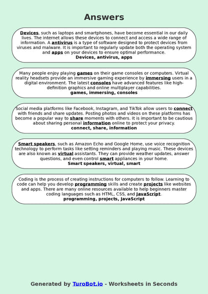 Year 8 General Knowledge Fill in the Blanks Worksheet – Technology Terms and Gadgets