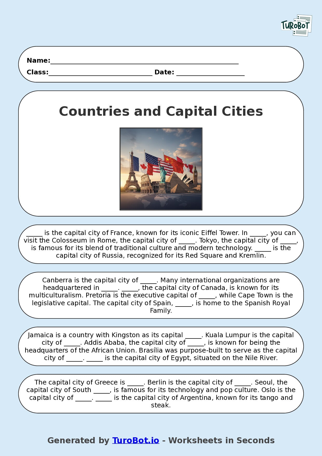 Year 9 General Knowledge Fill in the Blanks Worksheet – Countries and Capital Cities
