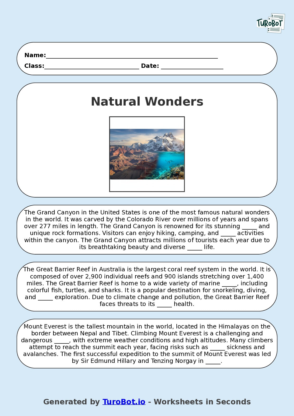 Year 9 General Knowledge Fill in the Blanks Worksheet – Natural Wonders of the World
