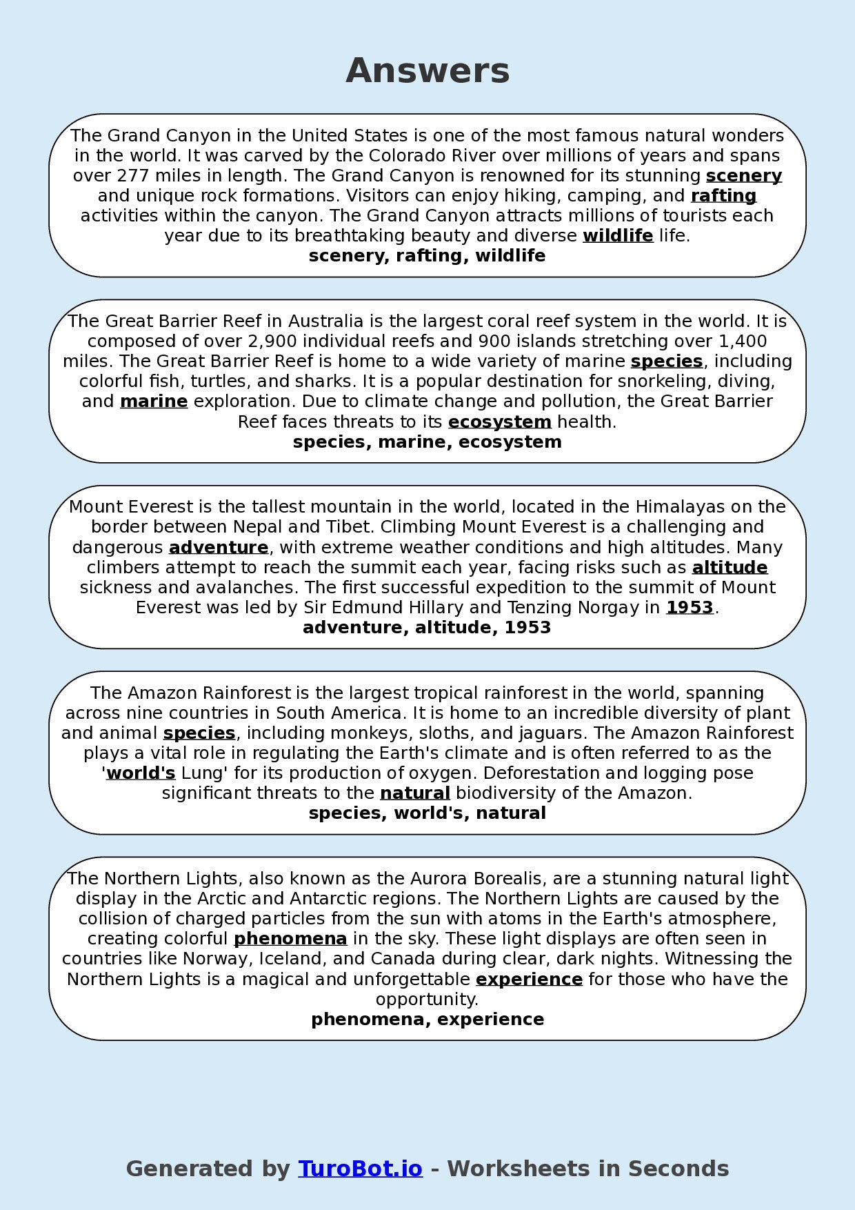 Year 9 General Knowledge Fill in the Blanks Worksheet – Natural Wonders of the World