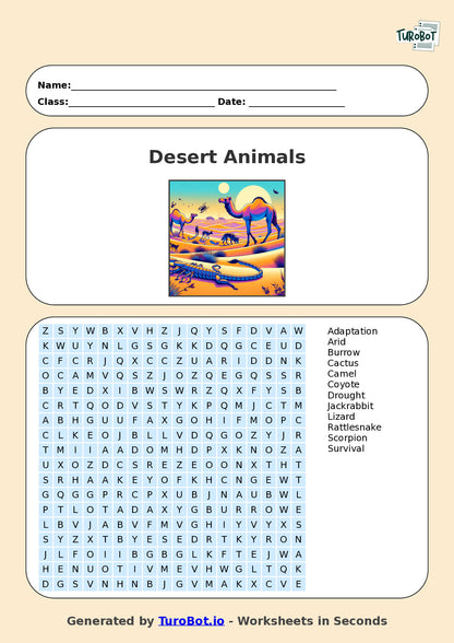 General Knowledge - Year 4 - Find a Word - Desert Animals – Free Find a Word Worksheet