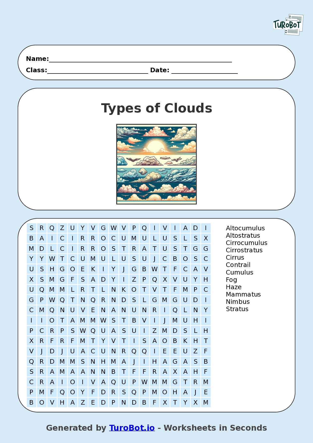 General Knowledge - Year 4 - Find a Word - Types of Clouds – Free Find a Word Worksheet