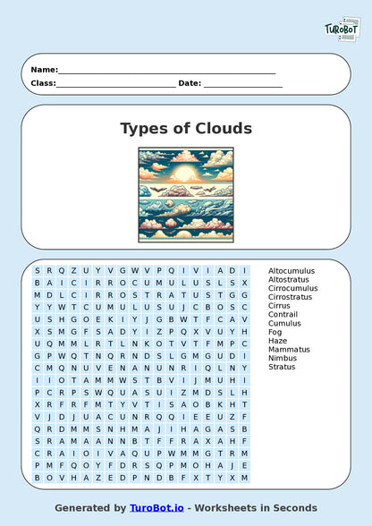 General Knowledge - Year 4 - Find a Word - Types of Clouds – Free Find a Word Worksheet