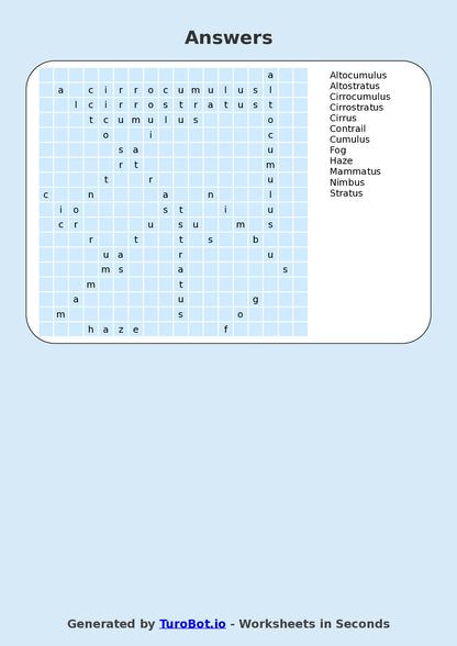 General Knowledge - Year 4 - Find a Word - Types of Clouds – Free Find a Word Worksheet