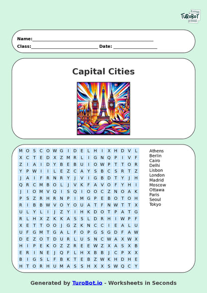 General Knowledge - Year 5 - Find a Word - Capital Cities – Free Find a Word Worksheet