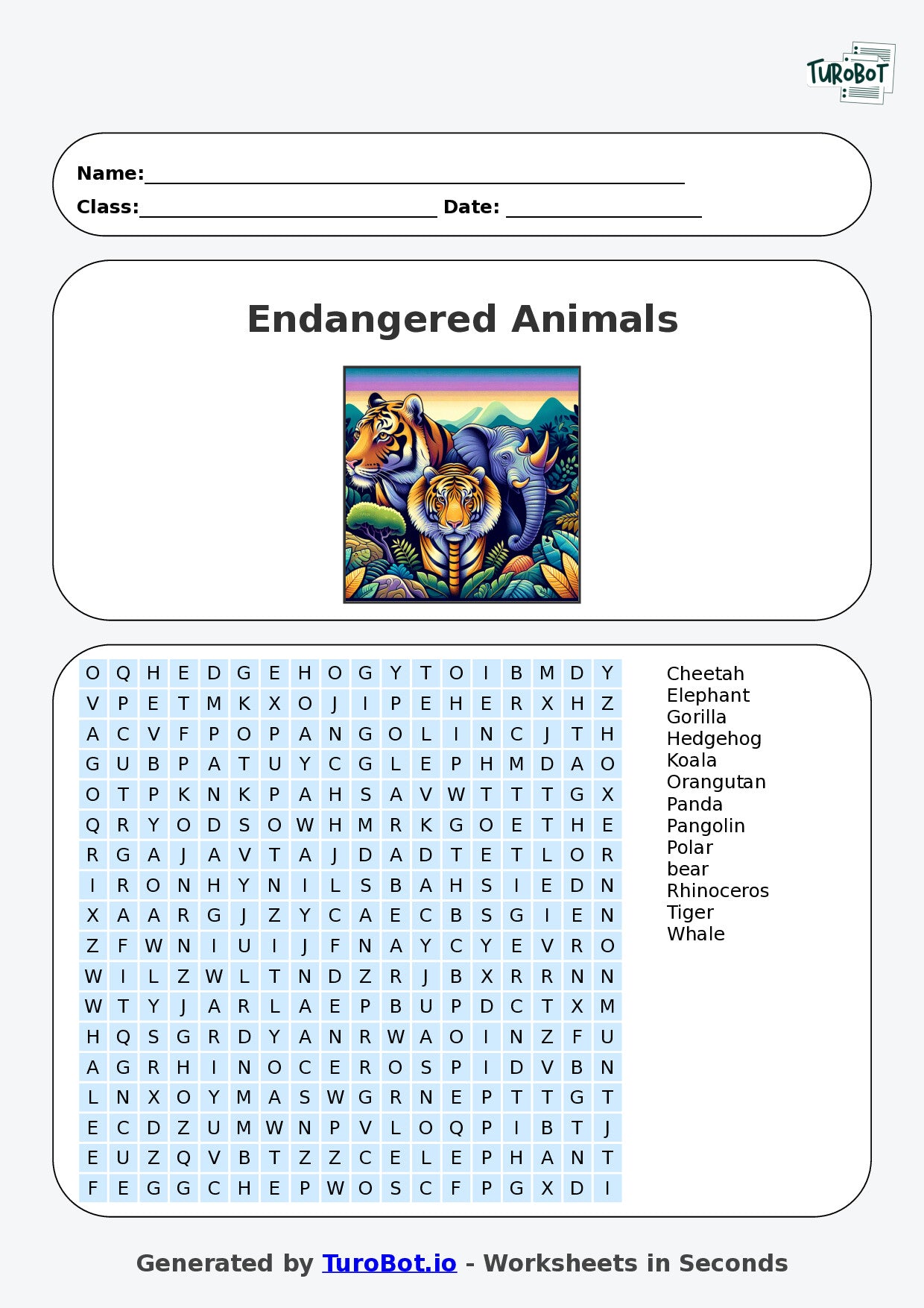 General Knowledge - Year 5 - Find a Word - Endangered Animals – Free Find a Word Worksheet