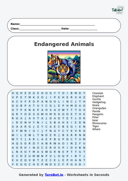 General Knowledge - Year 5 - Find a Word - Endangered Animals – Free Find a Word Worksheet