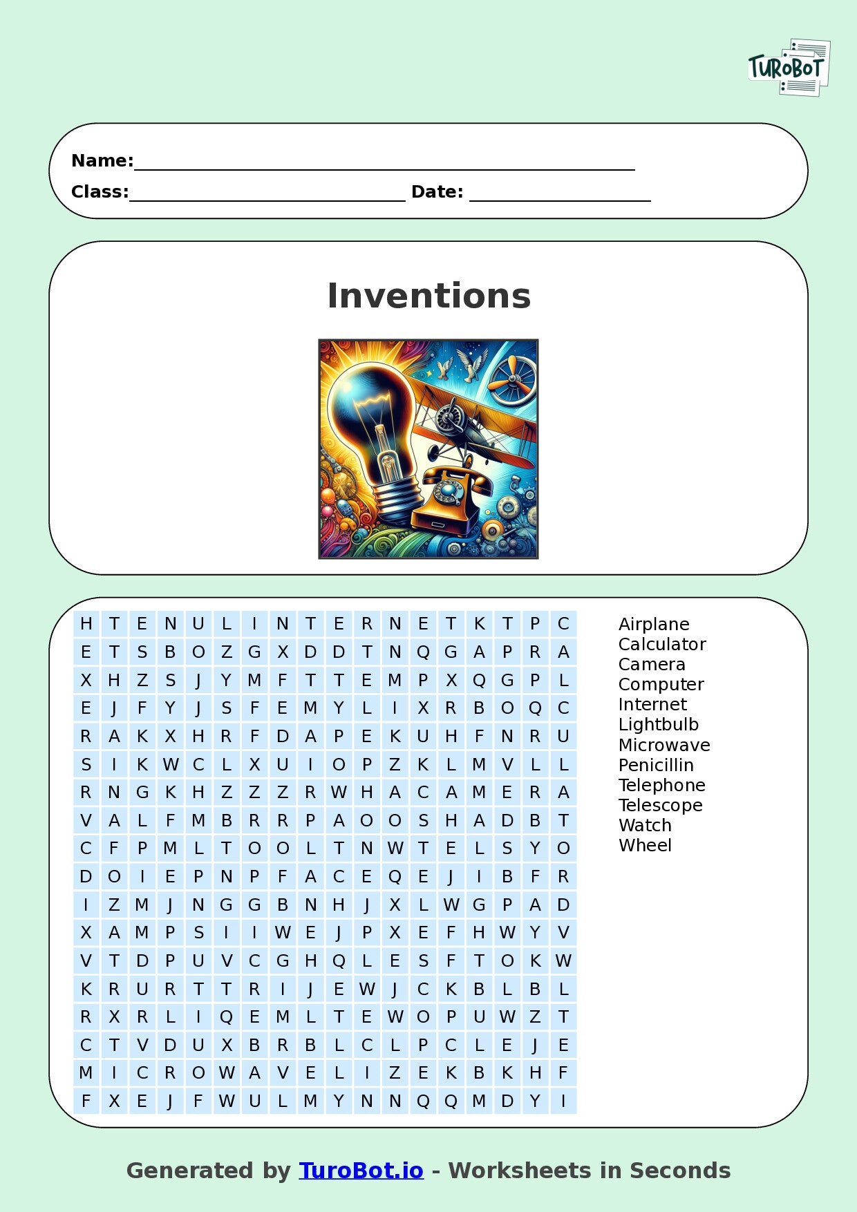 General Knowledge - Year 5 - Find a Word - Inventions – Free Find a Word Worksheet