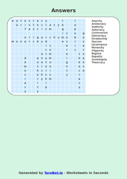 General Knowledge - Year 6 - Find a Word - Types of Governments – Free Find a Word Worksheet