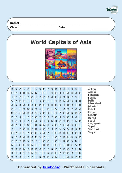 General Knowledge - Year 6 - Find a Word - World Capitals of Asia – Free Find a Word Worksheet