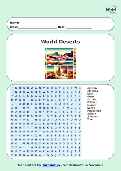 General Knowledge - Year 6 - Find a Word - World Deserts – Free Find a Word Worksheet