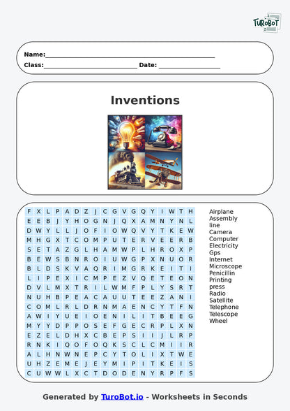 General Knowledge - Year 7 - Find a Word - Inventions that Changed History – Free Find a Word Worksheet