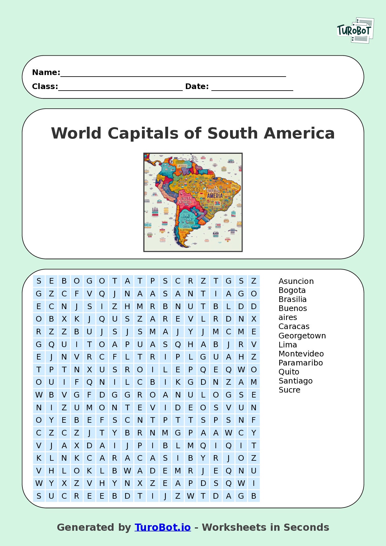 General Knowledge - Year 7 - Find a Word - World Capitals of South America – Free Find a Word Worksheet
