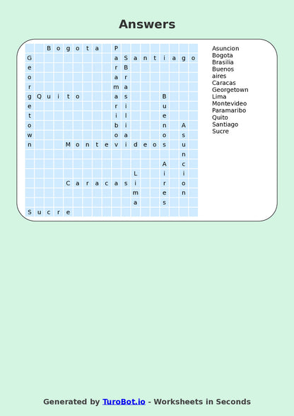 General Knowledge - Year 7 - Find a Word - World Capitals of South America – Free Find a Word Worksheet