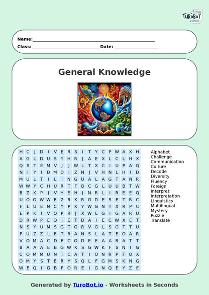General Knowledge - Year 7 - Find a Word - World Languages – Free Find a Word Worksheet