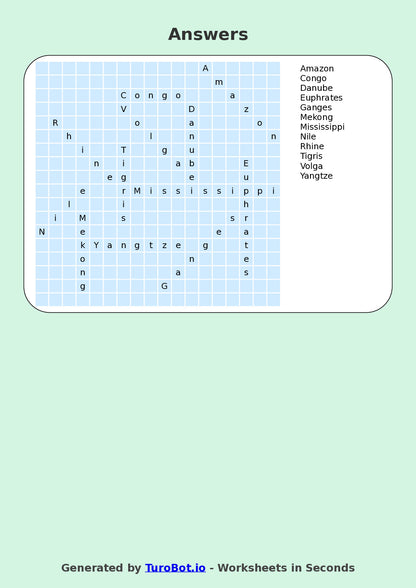 General Knowledge - Year 7 - Find a Word - World Rivers – Free Find a Word Worksheet