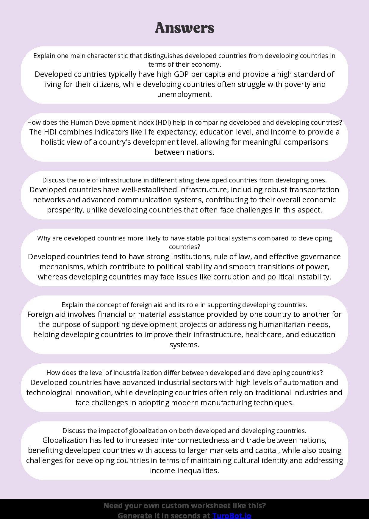 Free Worksheet - Year 10 Geography Comparing Developed and Developing Countries Short Answer Response