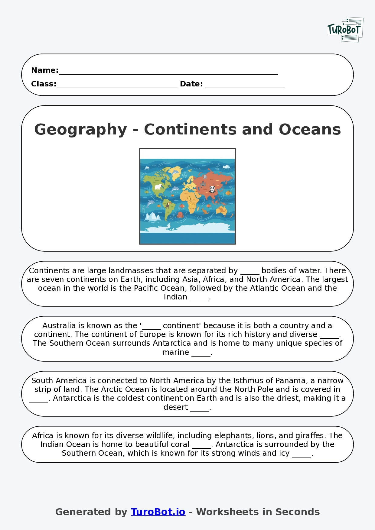 Year 2 Geography Fill in the Blanks Worksheet – Continents and Oceans