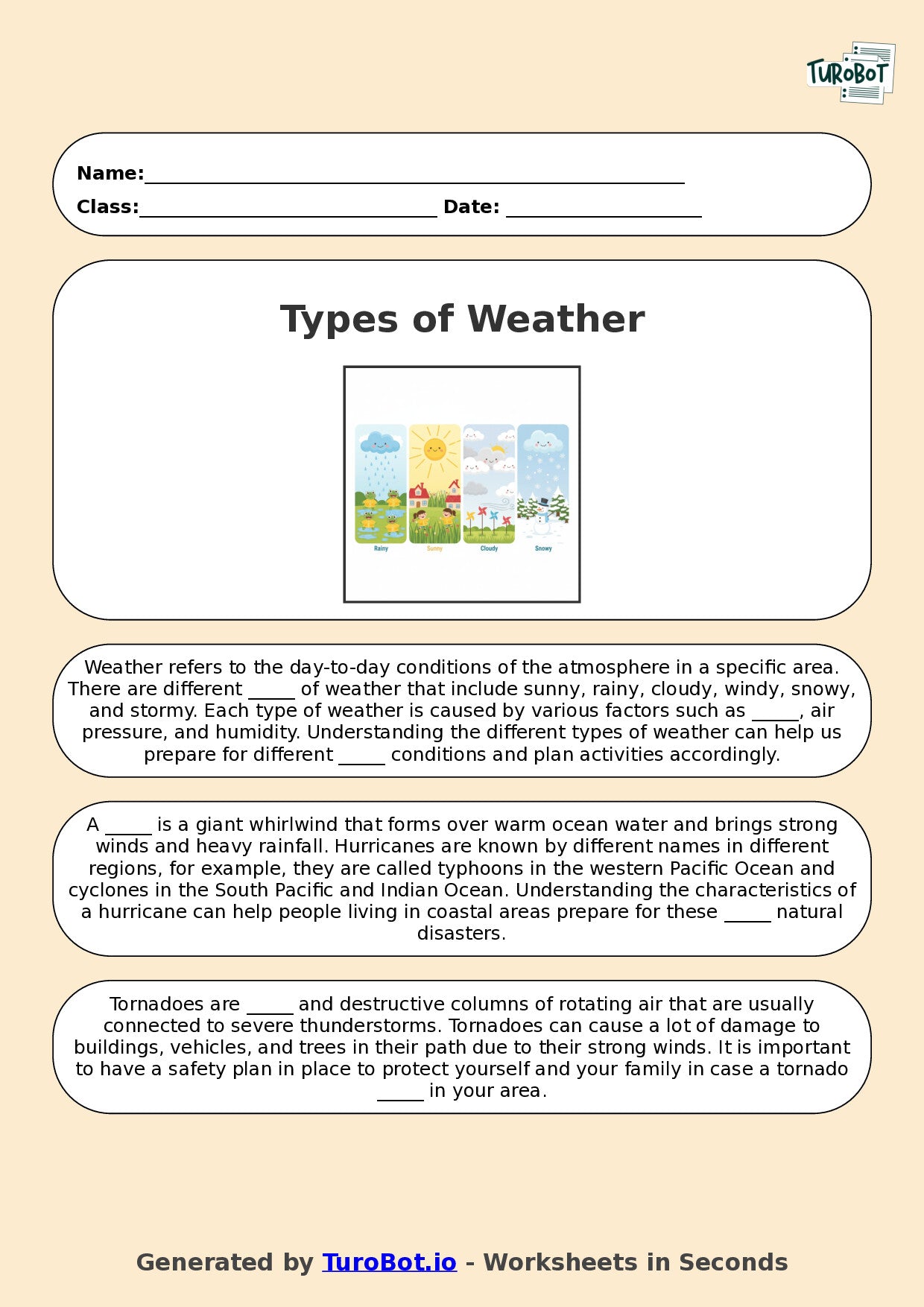 Year 3 Geography Fill in the Blanks Worksheet – Types of Weather