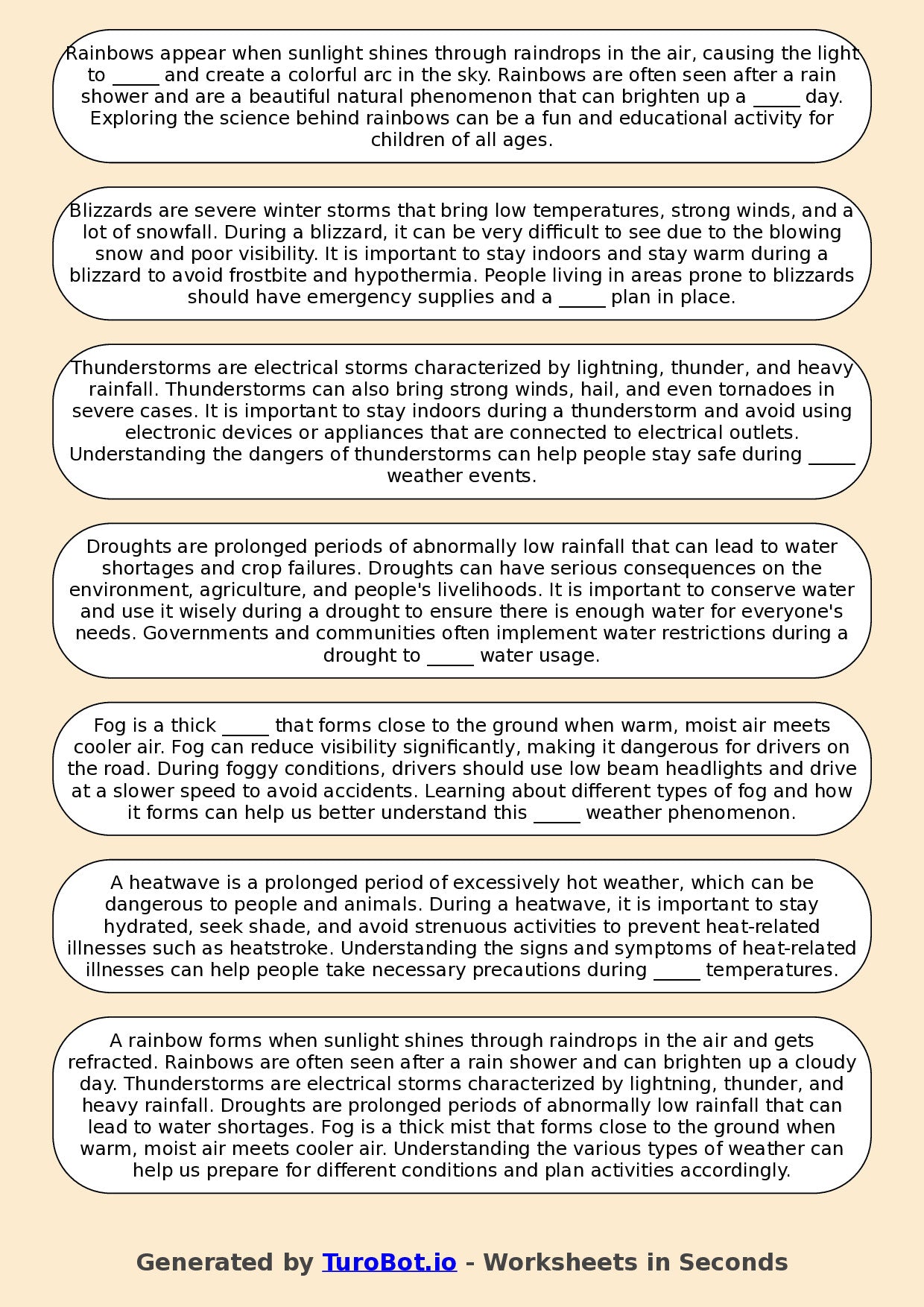 Year 3 Geography Fill in the Blanks Worksheet – Types of Weather