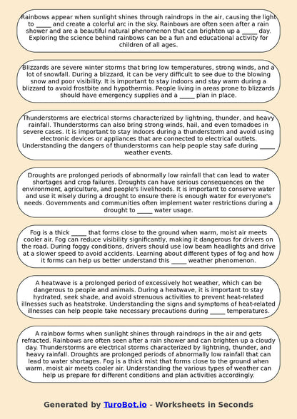 Year 3 Geography Fill in the Blanks Worksheet – Types of Weather