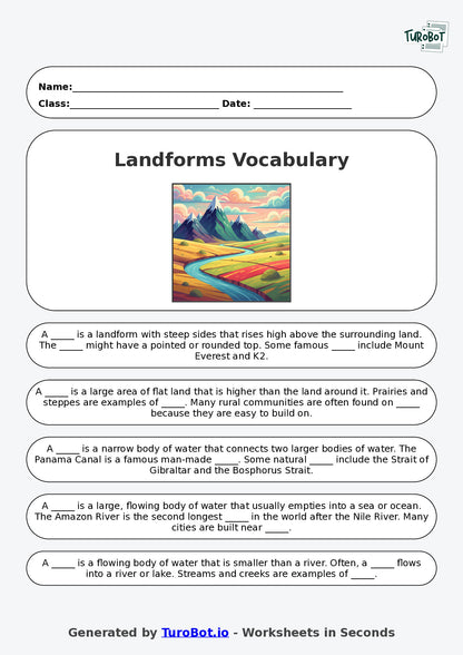 Fill Geography Year 4 Geography Fill in the Blanks Worksheet – Landforms Vocabulary ...