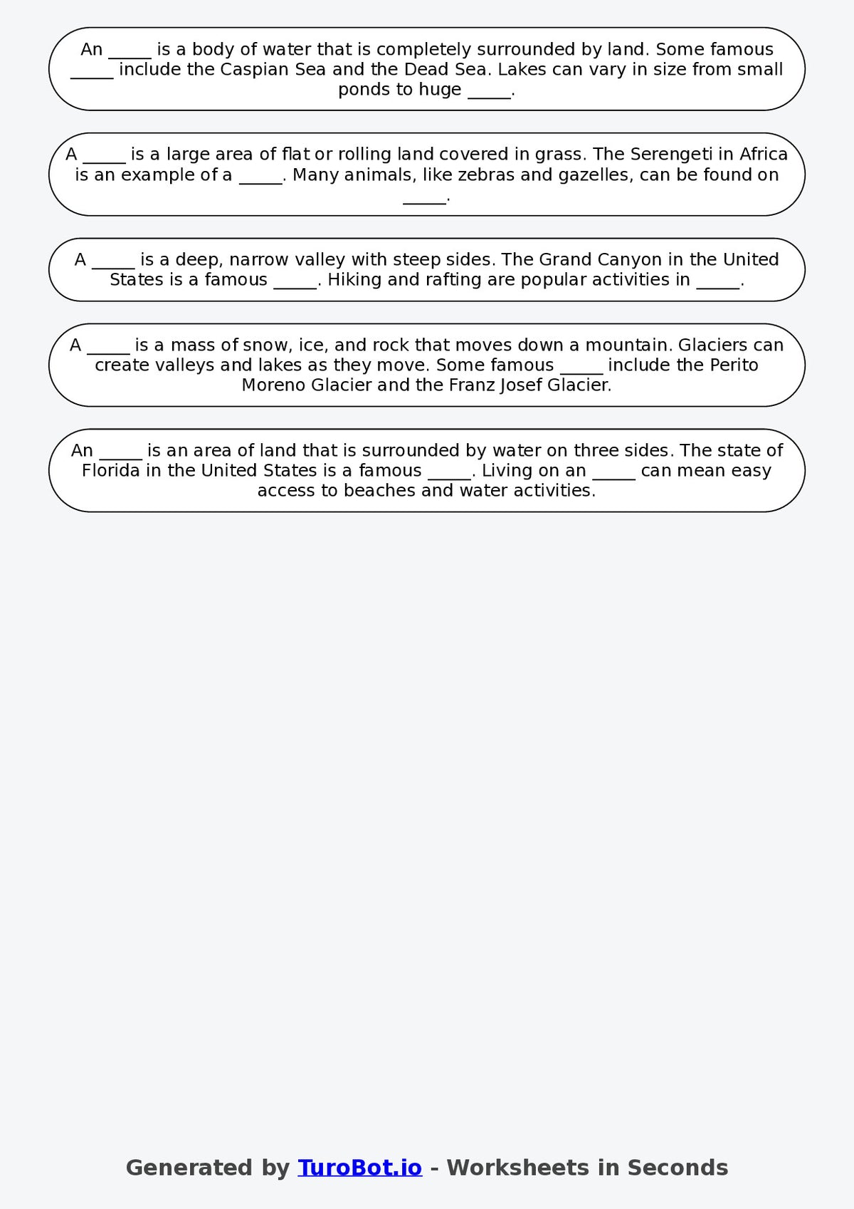 Fill Geography Year 4 Geography Fill in the Blanks Worksheet – Landforms Vocabulary ...